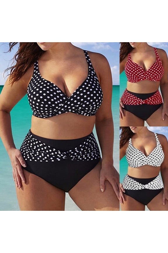 Plus Size Bikini Sets for Women High Waisted Swimsuits Two Piece Bathing Suits Dots Print Tummy Control Swimwear Black XXXL