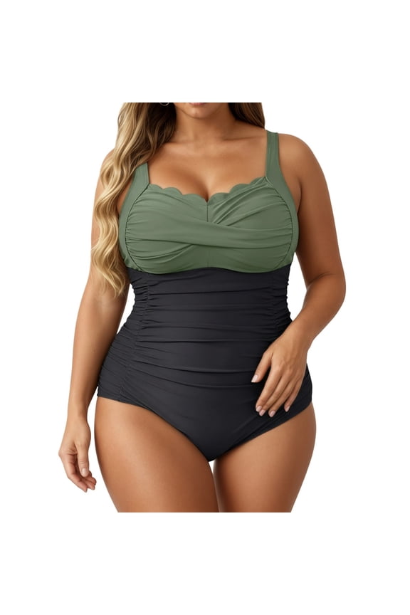Plus Size Swimsuit for Women Backless Tummy Control One Piece Tankini Bathing Suit Color Block Beach Pool Ruched Swimwear Army Green XXL