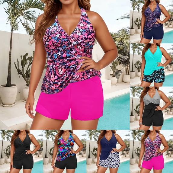 TrendOFT Plus Size Tankini Swimsuits for Women Floral Modest Two Piece Athletic Womens Bathing Suits Blouson Tank Tops with Board Shorts Hot Pink XXL