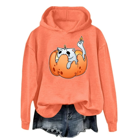 TrendOFT Pumpkin Hoodies Halloween Sweatshirts for Women Fall Cute Pumpkin Lightweight Pullover Tops Orange S