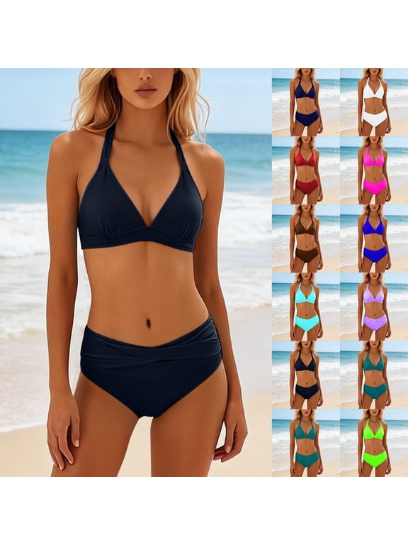 Push Up Bikini Sets for Women Two Piece Bathing Suits Halter Swimsuit Vintage Solid Swimwear Dark Blue XL