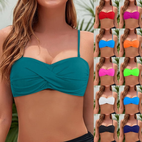 TrendOFT Push up Bikini Tops for Women Twist Front Removable Solid Bathing Suit Tops Swim Top Only Blue L