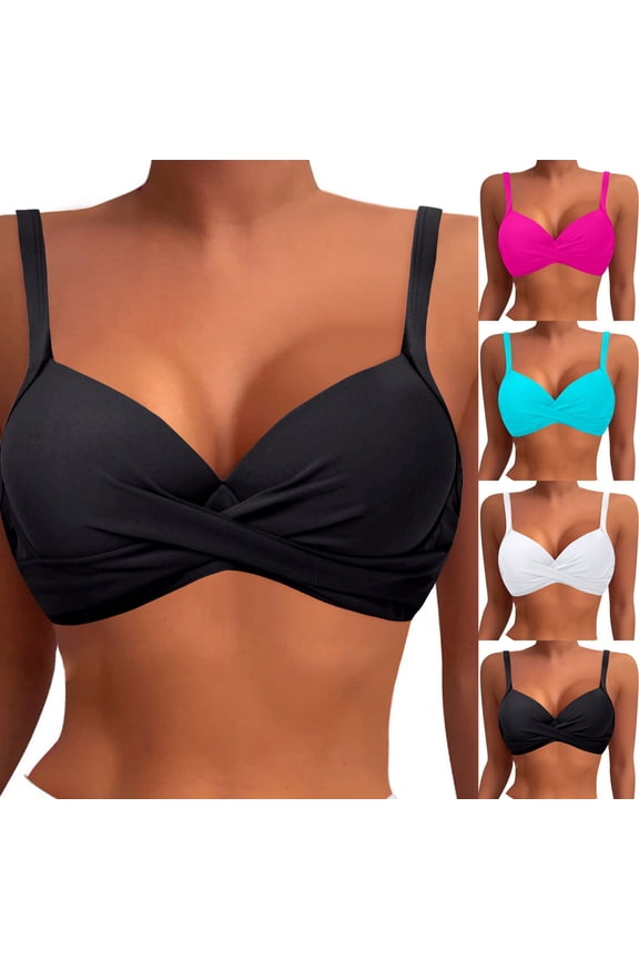 Push up Bikini Tops for Women Twist Front Solid Bathing Suit Tops Swim Top Only Black L