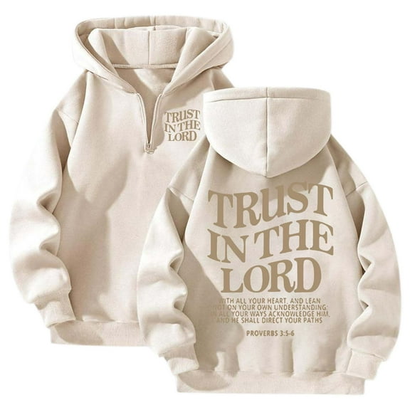 TrendOFT Quarter Zip Women Christian Hoodies Drop Shoulder Trust in the Lord Graphic Sweatshirt with Pocket Y2K Religious Sayings Bible Pullover Beige S