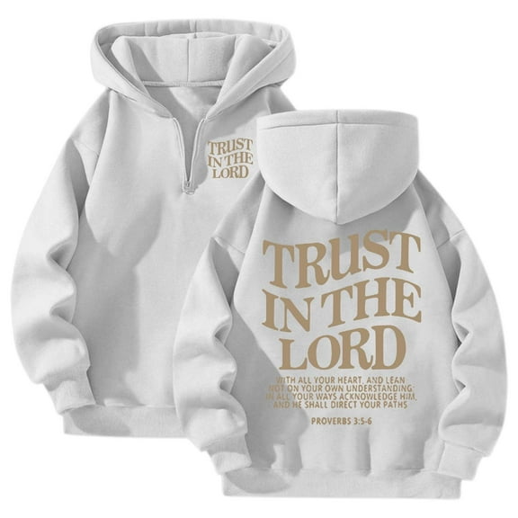 TrendOFT Quarter Zip Women Christian Hoodies Drop Shoulder Trust in the Lord Graphic Sweatshirt with Pocket Y2K Religious Sayings Bible Pullover White M