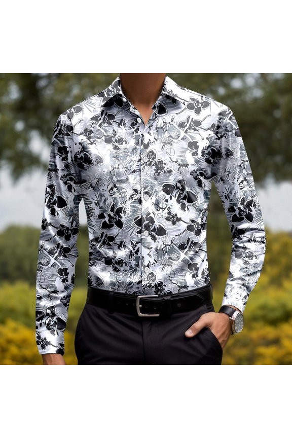 Seasonal Pattern Mens Long Sleeve Printed Tops Button Front Relaxed Casual Shirts With Soft Wear For Spring Autumn Matching Mens Button Down Shirts White