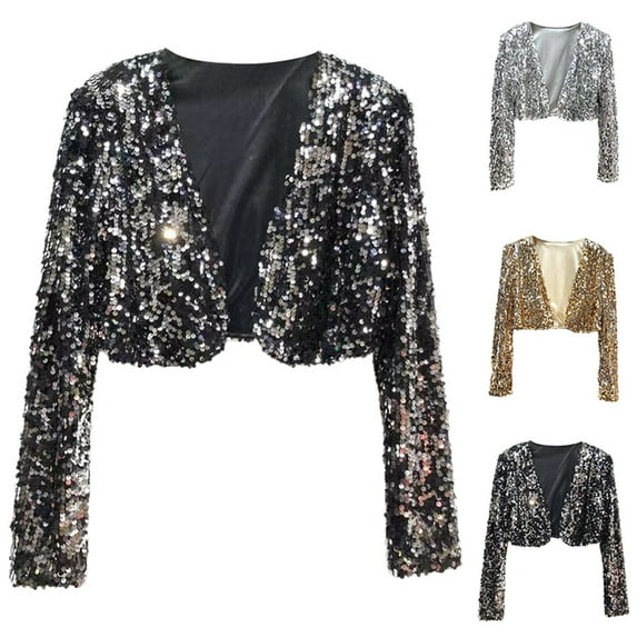 TrendOFT Sequin Cropped Cardigan for Women Long Sleeve Open Front Party Shiny Glitter Bolero Shrug Sparkly Jacket Coat Silver M