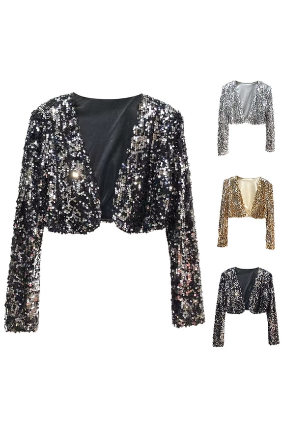 Sequin Cropped Cardigan for Women Long Sleeve Open Front Party Shiny Glitter Bolero Shrug Sparkly Jacket Coat Silver S