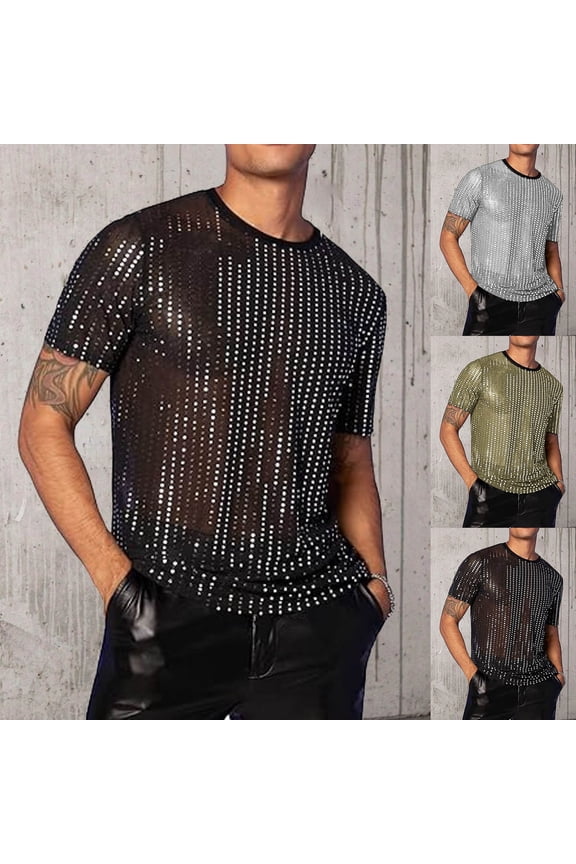 Shirts for Men Graphic Tees Sequin Scale Printed Crew Neck Short Sleeve 70s Disco Party Performance Base Layer Casual Fashion Tops Mens Tops Black L