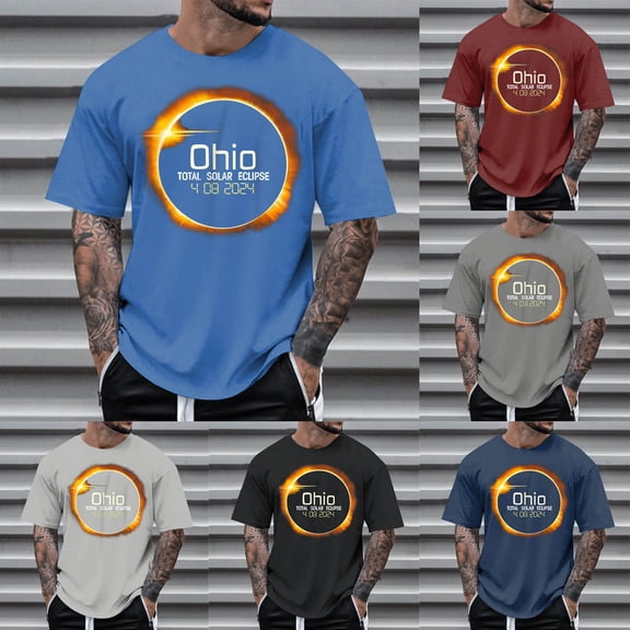 TrendOFT Shirts for Men Graphic Tees Solar Eclipse Ohio Totality Printed Crew Neck Pullover Short Sleeve Unique Fashion Casual Daily Streetwear Mens Tops Black L
