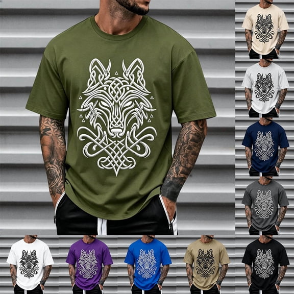 TrendOFT Shirts For Men Graphic Tees Viking Warrior Themed Graphic Print Short Sleeve Tee Round Neck Loose Fit Casual Vintage Street Daily Mens Tees Army Green L