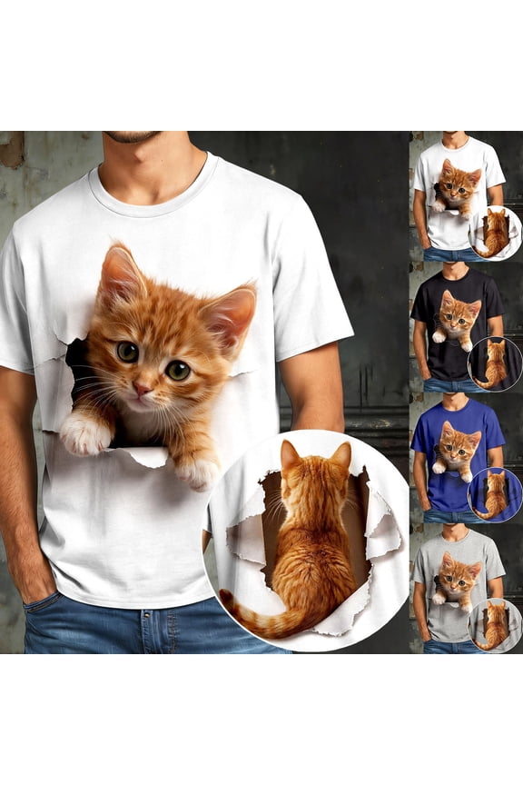 Shirts for Men Graphic Tees Unisex Cat Graphic Print Short Sleeve Crew Neck Loose Summer Casual Couple Tops Mens Tees Black L