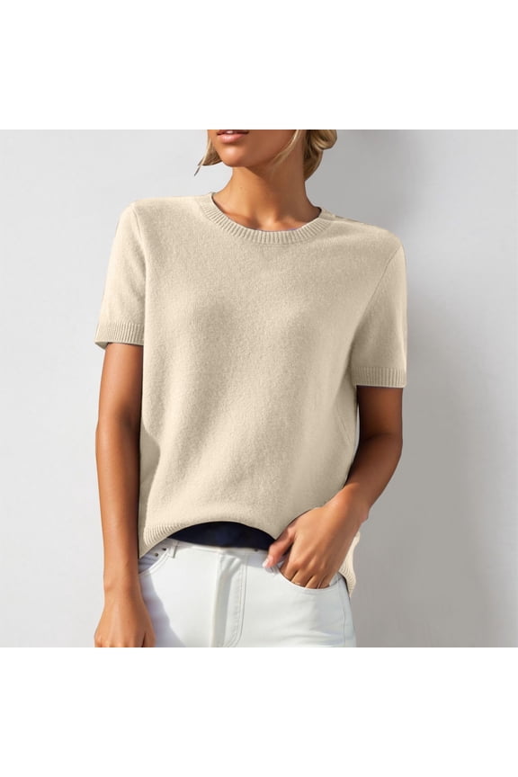 Short Sleeve Sweaters for Women Wool Blend Crew Neck Sweater Shirts Business Casual Work Tops 2026 Summer Tops Beige XXL
