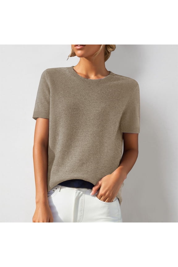 Short Sleeve Sweaters for Women Wool Blend Crew Neck Sweater Shirts Business Casual Work Tops 2026 Summer Tops Khaki L
