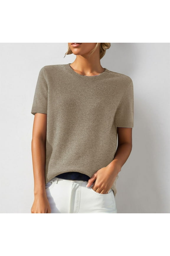 Short Sleeve Sweaters for Women Wool Blend Crew Neck Sweater Shirts Business Casual Work Tops 2026 Summer Tops Khaki S