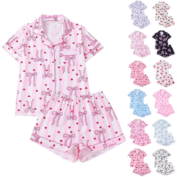 TrendOFT Silk Pajamas for Women Set Cute Bow Graphic Valentines Pj Sets Short Sleeve Button Down Shirts and Shorts 2 Piece Sleepwewar White S