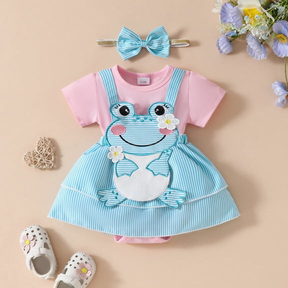 TrendOFT Soft Cotton Baby Rompers Short Sleeve Cartoon Frog 3D Print Mock Two Piece With Headband For Newborn Infant Wear Baby Onesies