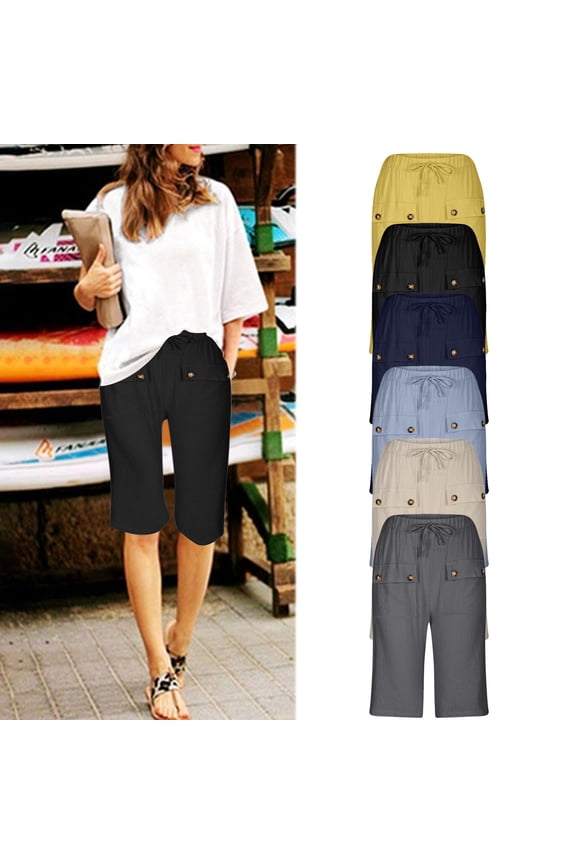 Spring Summer Shorts for Women Solid Color Front Pocket Drawstring Tie Button Casual Bermuda Blue XXL