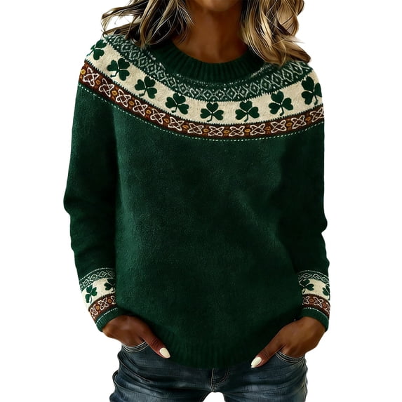 TrendOFT St Patricks Day Sweaters for Women Fair Isle Oversized Knit Pullover Long Sleeve Crewneck Tops Dark Green L
