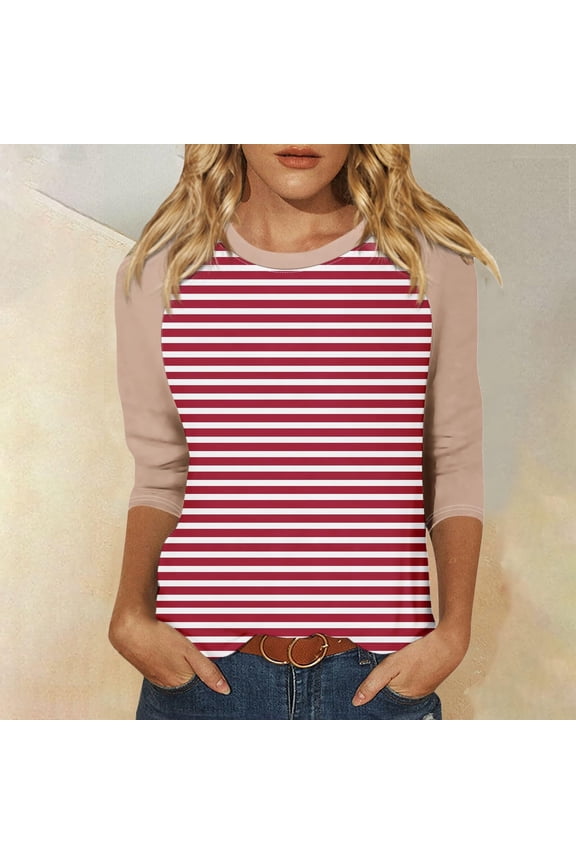 Stripe Three Tees Women Three Sleeve Print Comfort For Daily And Outdoor Wear Everyday Tops
