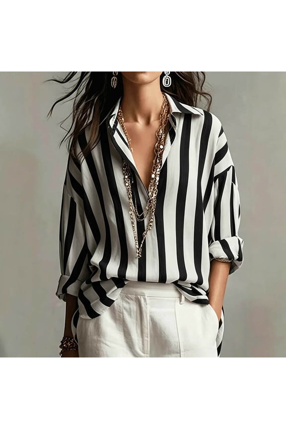 Striped Button Down Shirts for Women Long Sleeve Cotton Linen Collared Button Up Casual Blouses Oversized Tops with Pocket Black XXL