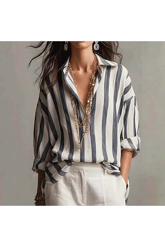 Striped Button Down Shirts for Women Long Sleeve Cotton Linen Collared Button Up Casual Blouses Oversized Tops with Pocket Grey XXL