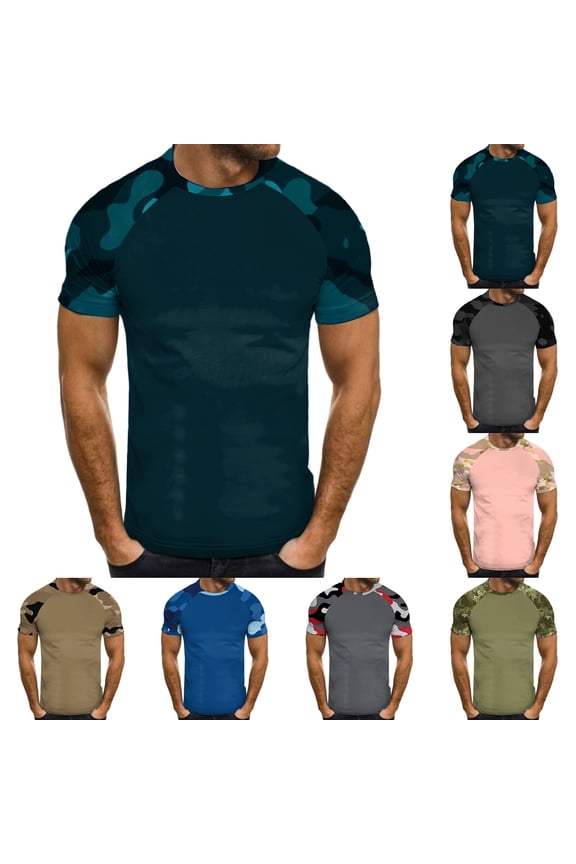 Summer Shirts For Men Camouflage Camo Pattern Crew Neck Short Sleeve Tee Loose Fit Breathable Outdoor Tactical Casual Daily Wear Mens Tops Blue L