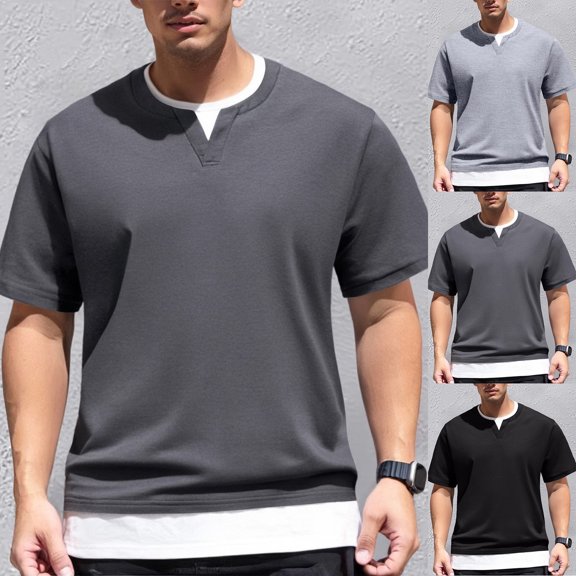 TrendOFT Summer Shirts for Men Double Layer Two Piece Crew Neck Short Sleeve Solid Color Loose Fit Casual Daily Street Leisure Tops Mens Tees Black L