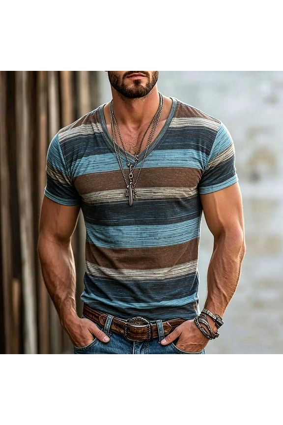 Summer Shirts for Men Retro Multicolor Faded Horizontal Stripe V Neck Short Sleeve Casual Street Fashion Everyday Comfort Pullover Mens Tops Blue L