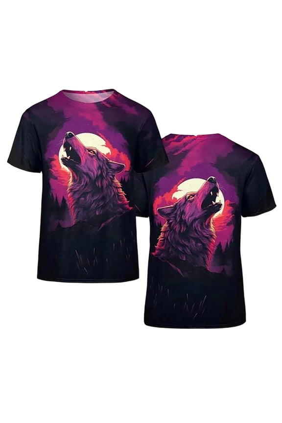 Summer Shirts for Men Unisex Wolf Pattern 3D Novelty Tops Howling Wolf Graphic Crew Neck Short Sleeve Casual Street Apparel Mens Tops Black S
