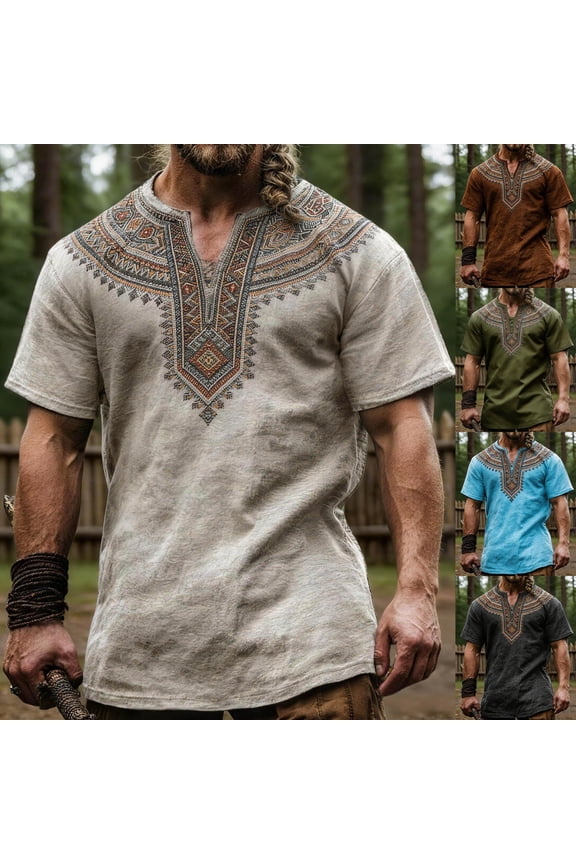 Summer Shirts for Men Vintage Nordic Viking Element Printed Short Sleeve Crew Neck Loose Breathable Retro Fashion Mens Tops Army Green XXXL