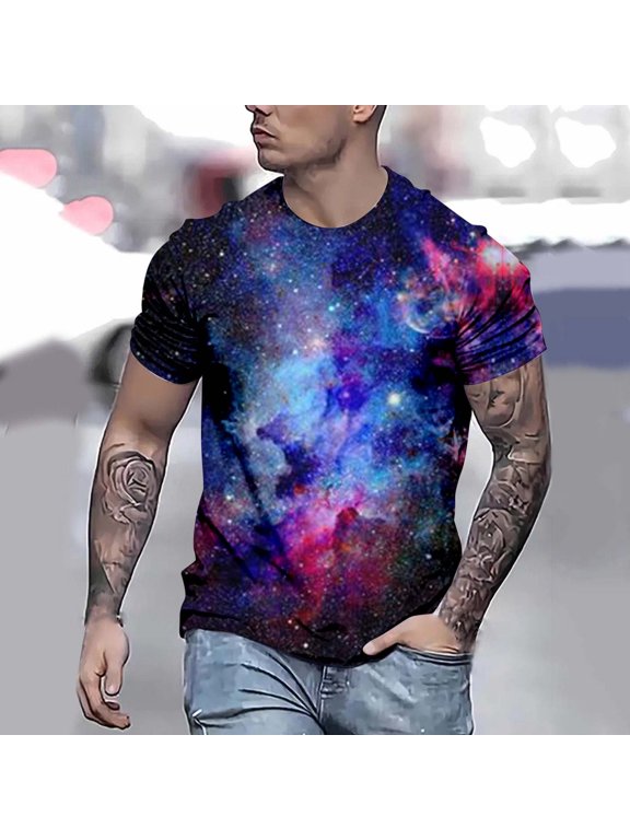 Summer Shirts for Man Cosmic Galaxy Theme 3D Short Sleeve Crew Neck Loose Casual Breathable Daily Leisure Mens Tops Blue XXL
