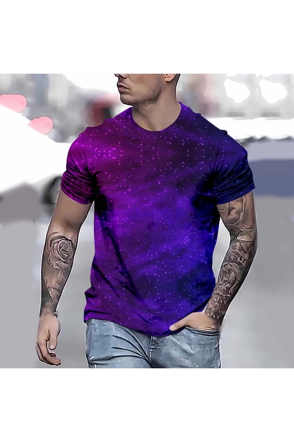 Summer Shirts for Man Cosmic Starry Sky 3D Printed Short Sleeve Crew Neck Lightweight Loose Casual Outdoor Daily Mens Tops Purple L
