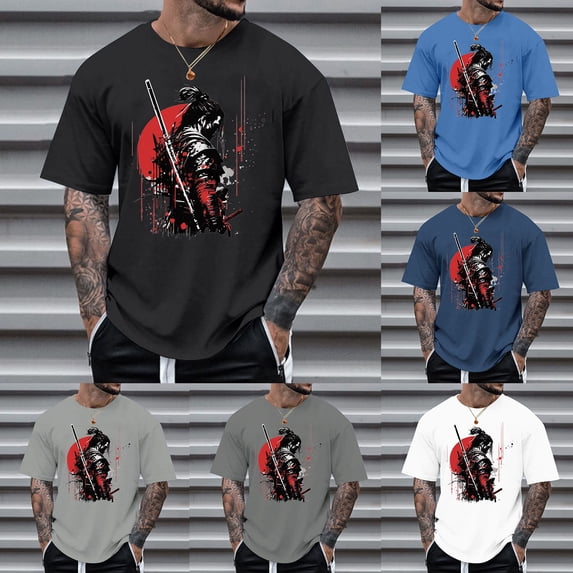 TrendOFT Summer Shirts for Men Japanese Samurai Sword Graphic Print 100% Cotton Short Sleeve Crew Neck Loose Mens Tops Black L