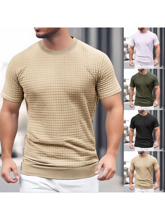 Summer Shirts for Men Small Grid Pattern Round Neck Casual Short Sleeve Elastic Breathable Loose Daily Street Tops Mens Tops Army Green L