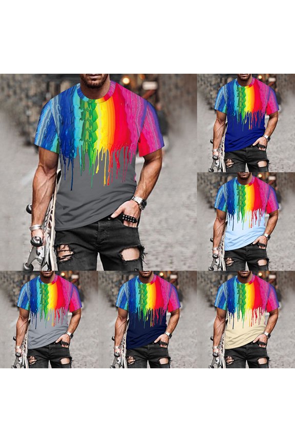 Summer Shirts for Men Splash Ink Gradient Color Short Sleeve Crew Neck Casual Loose Soft Fashion Everyday Mens Tops Beige L