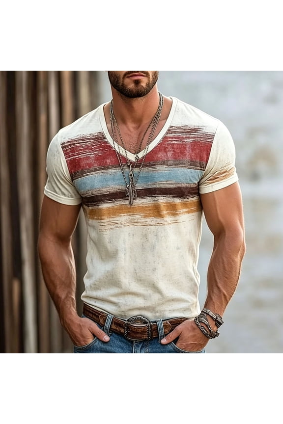 Summer Shirts for Men Vintage Worn Horizontal Striped Multicolor V Neck Short Sleeve Street Fashion Casual Daily Loose Fit Mens Tops Beige M