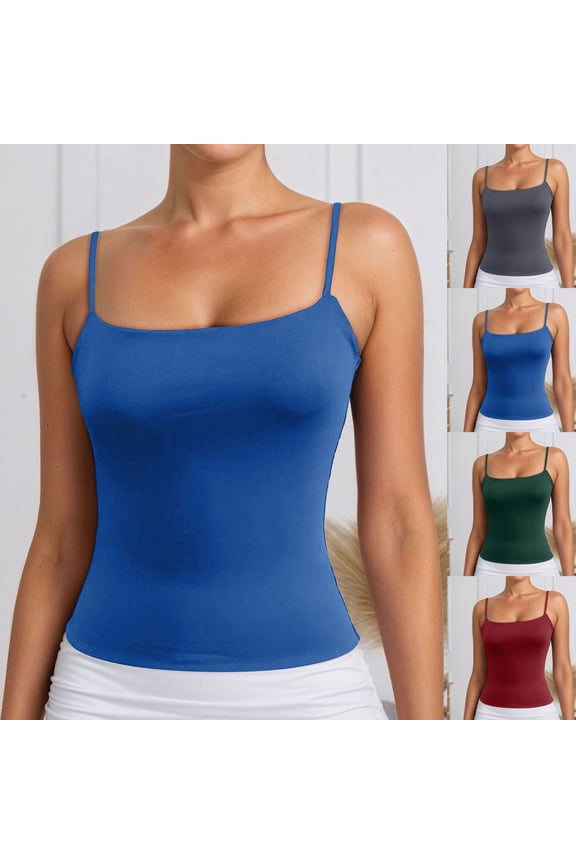 Summer Tank Tops for Women Square Neck Slim Fit Spaghetti Strap Caim Shirts Summer Y2K Going Out Basic Top Blue L