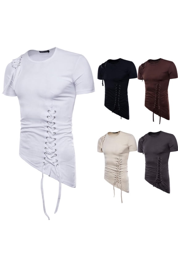 T Shirts for Man Irregular Design Braided Detail Short Sleeve Slim Fit Fashion Casual Daily Street Leisure Unique Style Tops Mens Tees Black L