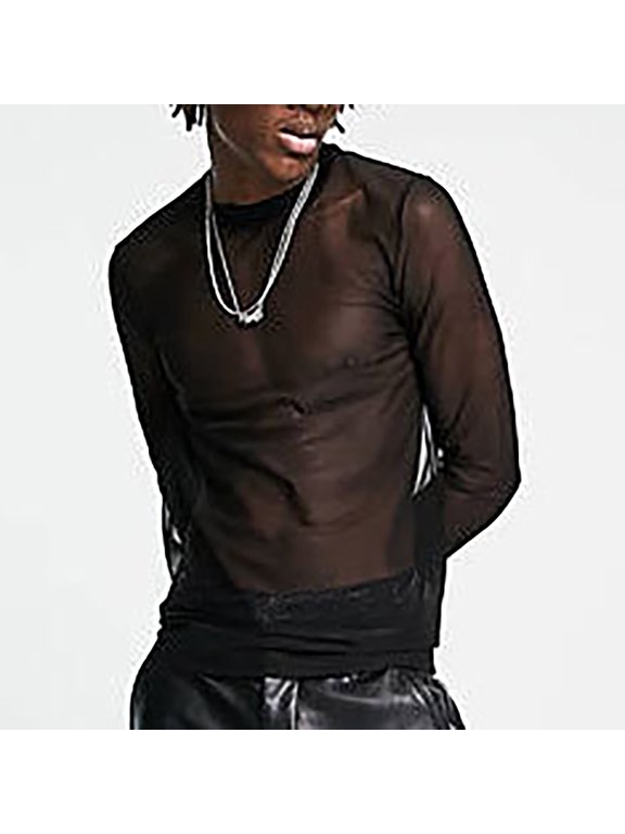 T Shirts for Man Mesh Drop Shoulder Long Sleeve Perspective Breathable Slim Fit Nightclub Fitness Sheer Base Layer Casual Tops Mens Tops Black L