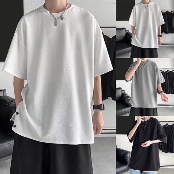 TrendOFT T Shirts for Man Summer Half Sleeve Hong Kong Style Trendy Versatile Five Sleeve Loose Simple Casual Fashion Street Daily Breathable Men's T-Shirts Black L