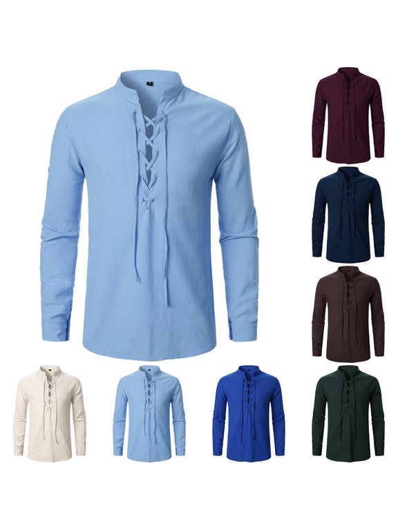 T Shirts for Man Tie Neck Henley Hippie Casual Long Sleeve Shirt Top Breathable Loose Daily Attire Relaxed Fit Lightweight Retro Fashion Apparel Mens Tops Army Green L