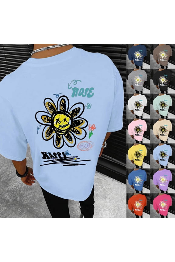 T Shirts for Man Back Pattern Graphic Print Short Sleeve Crew Neck Loose Summer Daily Mens Shirts Beige L