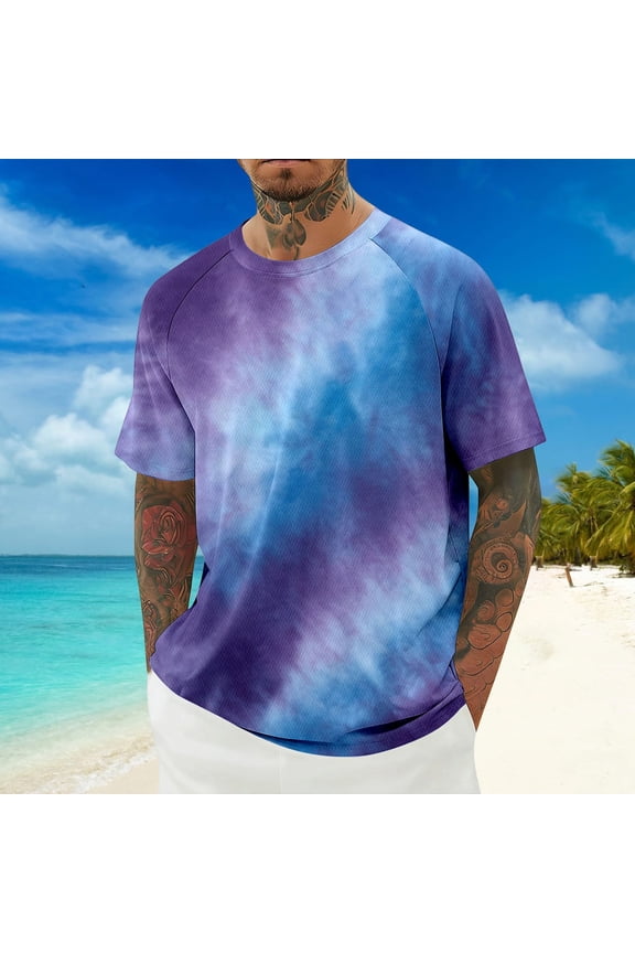 T Shirts for Man Bird Eye Fabric Casual Short Sleeve Tie Dye Graphic Printed Round Neck Summer Mens Shirts Purple L