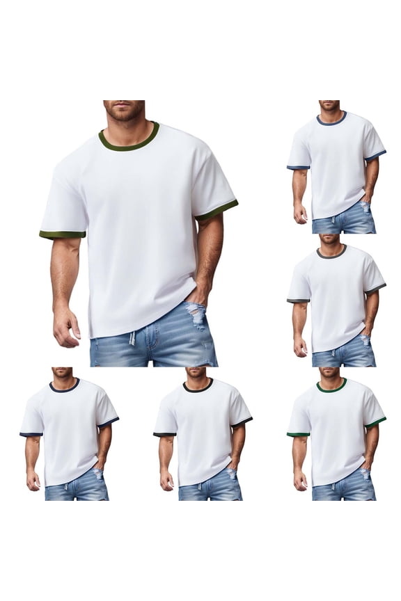 T Shirts for Man Cotton Contrast Trim Short Sleeve Color Block Splicing Round Neck Group Uniform Casual Breathable Mens Tees Army Green L