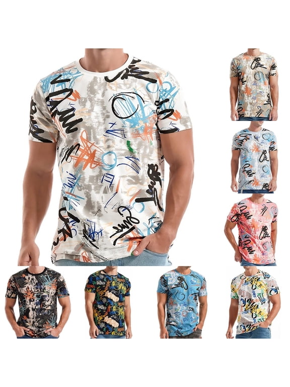 T Shirts for Man Creative Graffiti Graphic Printed Short Sleeve Crew Neck Casual Loose Stylish Everyday Fashion Men's Shirts Sky Blue XL