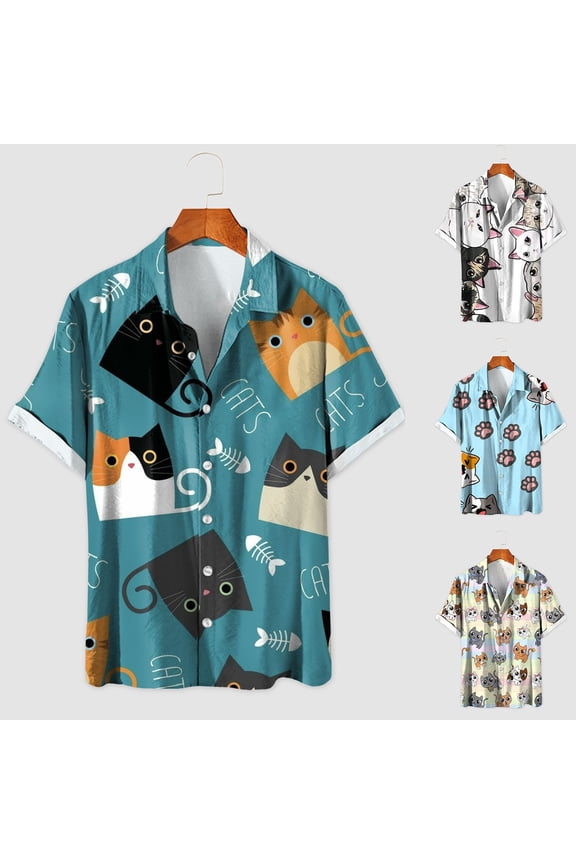 T Shirts for Man Cute Cat Animal Graphic Print Short Sleeve Crew Neck Loose Breathable Casual Fashion Daily Mens Shirts Green XXL