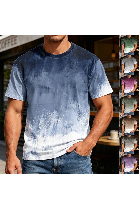 T Shirts for Man Gradient Color Graphic Printed Cotton Short Sleeve Round Neck Casual Street Fashion Daily Loose Fit Tops Mens Tops Green L