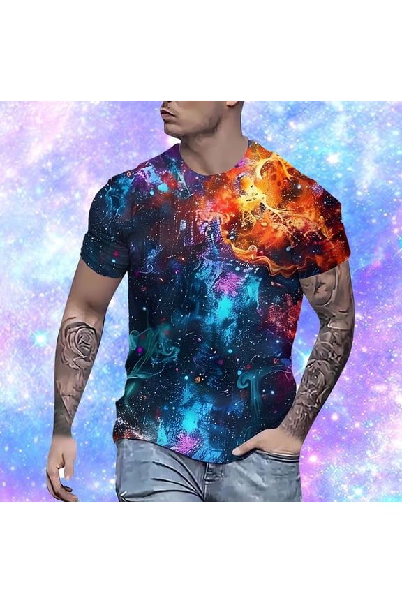 T Shirts for Man Starry Sky Galaxy 3D Printed Short Sleeve Round Neck Soft Comfort Breathable Loose Casual Daily Tops Men's Shirts Black XL
