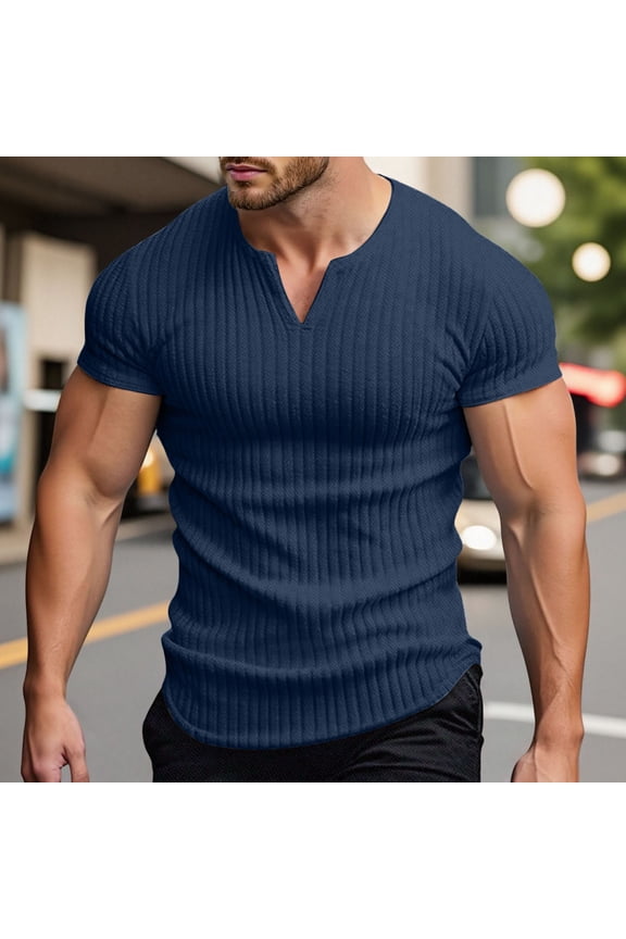 T Shirts for Man Summer New Minimal V Neck Ribbed Basic Elastic Breathable Heat Dissipation Casual Daily Fashion Tops Mens Tops Navy L